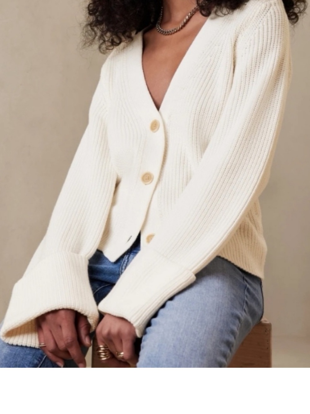 Banana Republic Black Ribbed V-Neck Button-Front Cardigan with exaggerated cuffs